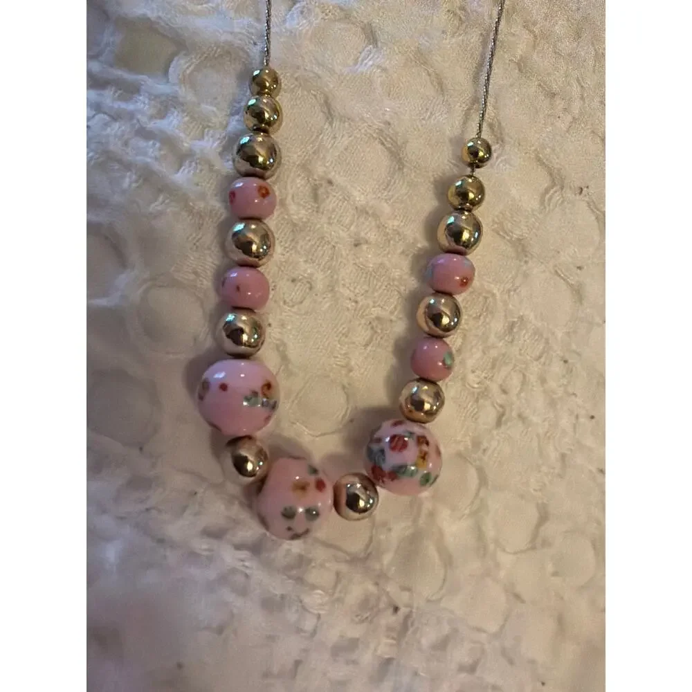 Vintage Pink Floral Art Glass Bead Necklace Silver Tone Magnetic Clasp 18" - Picture 1 of 11